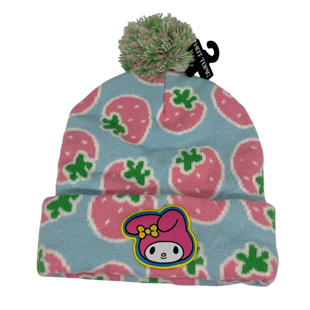 Sanrio My Melody Strawberry Pom Beanie Hat Blue Pink Bioworld Hot Topic knit